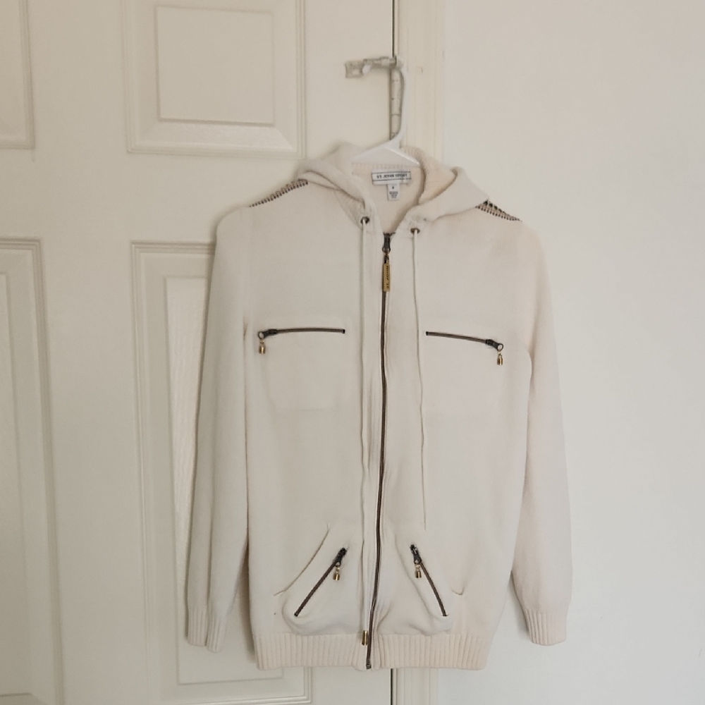 St John Sport Cream Wool Blend Zip Up Sweater With Hood Petite